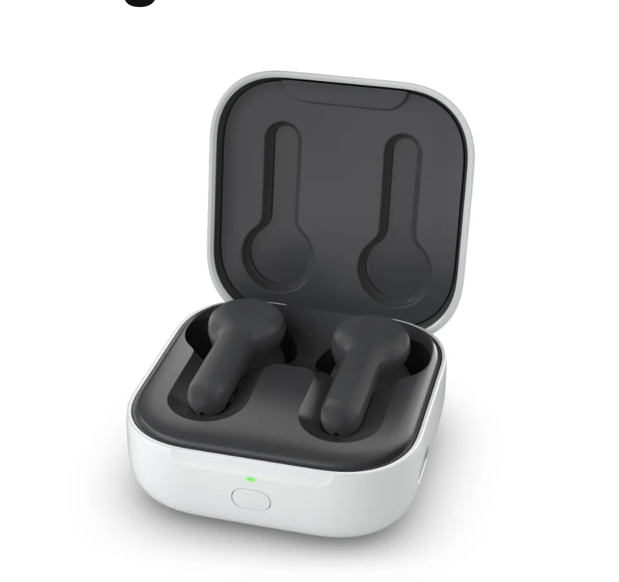 Wireless earbuds in an open charging case